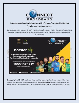 Connect Broadband collaborates with –“Hotstar”-