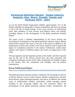 Parenteral Nutrition Market will rise to US$ 6.9 Billion by 2023