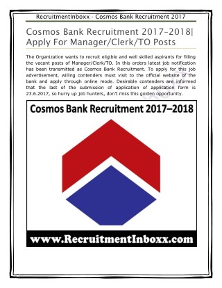 Cosmos Bank Recruitment