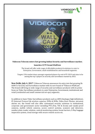 Videocon Telecom enters fast growing Indian Security and Surveillance market; launches CCTV brand WallCam