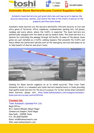 Automatic Boom Barriers-Access Control Suppliers India - Toshi