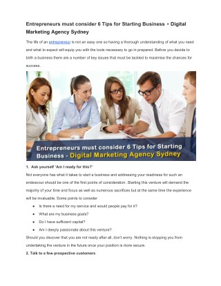 Entrepreneurs must consider 6 Tips for Starting Business - Digital Marketing Agency Sydney