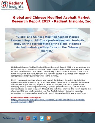 Global and Chinese Modified Asphalt Market Research Report 2017 By Radiant Insights