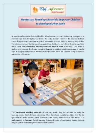 Montessori Teaching Materials help your Children to develop his/her Brain