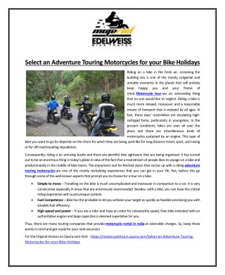 Select an Adventure Touring Motorcycles for your Bike Holidays