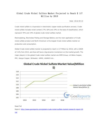 Global Crude Nickel Sulfate Market Projected to Reach $ 117 Million by 2018