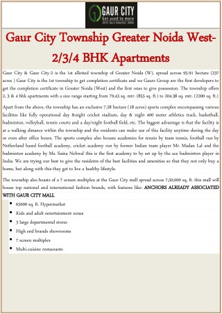 Gaur City Township Greater Noida West- 2-3-4 BHK Apartments