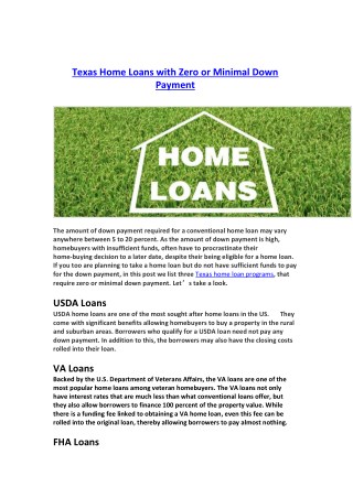 Texas Home Loans with Zero or Minimal Down Payment