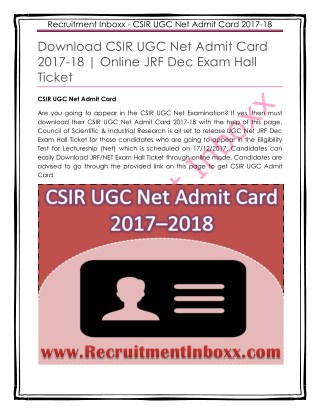 CSIR UGC Net Admit Card