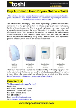 Buy Automatic Hand Dryers Online From Toshi Automatic