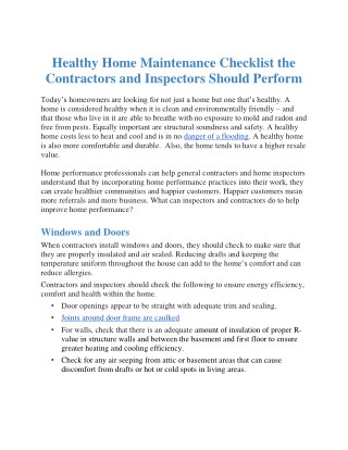 Healthy Home Maintenance Checklist