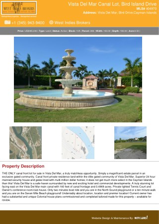 Land for Sale - Vista Del Mar Canal Lot, Bird Island Drive | CaymanIslands