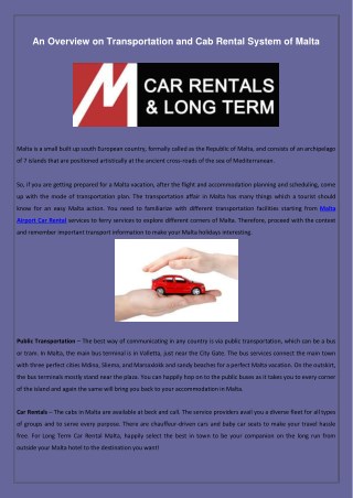 An Overview on Transportation and Cab Rental System of Malta