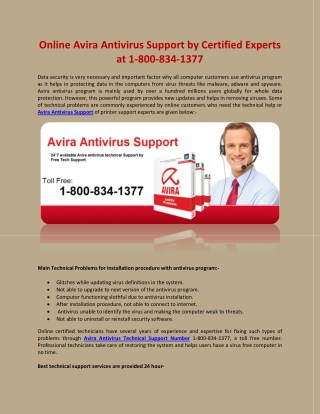 Online Avira Antivirus Support by Certified Experts at 1-800-834-1377