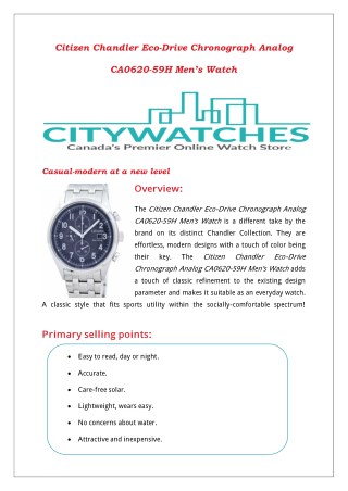 Citizen Chandler Eco-Drive Chronograph Analog CA0620-59H Men’s Watch