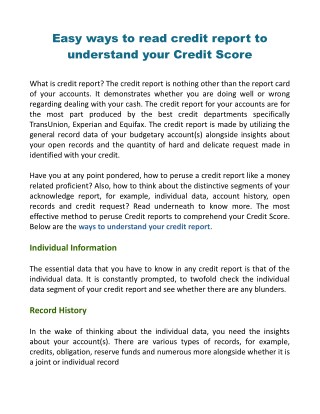 How read your Credit Report to understand your Credit Score