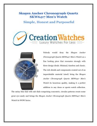 Skagen Ancher Chronograph Quartz SKW6417 Menâ€™s Watch:Simple,Honest and Purposeful
