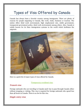 Types of Visa Offered by Canada