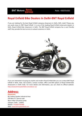 Royal Enfield Bike Dealers In Delhi-BNT Royal Enfield