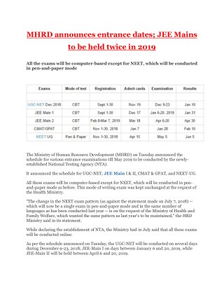 MHRD announces entrance dates; JEE Mains to be held twice in 2019