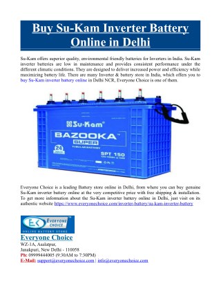 Buy Su-Kam Inverter Battery Online in Delhi