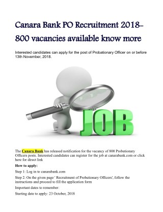 Canara Bank PO Recruitment 2018: 800 vacancies available; know more