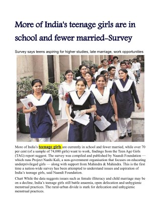 More of India's Teenage Girls Are in School and Fewer Married-Survey