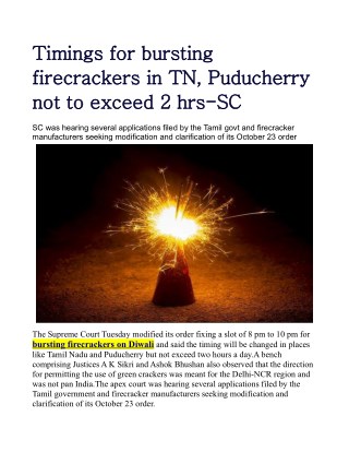 Timings for bursting firecrackers in tn, puducherry not to exceed 2 hrs sc