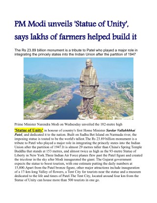 PM Modi unveils 'Statue of Unity', says lakhs of farmers helped build it