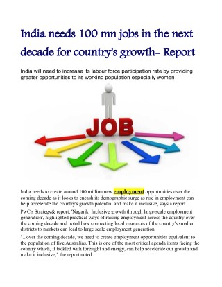 India needs 100 mn jobs in the next decade for country's growth: Report
