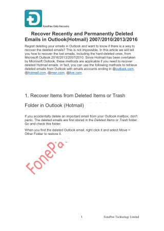 Recover Recently and Permanently Deleted Emails in Outlook(Hotmail) 2007/2010/2013/2016