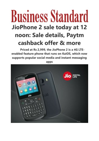 JioPhone 2 sale today at 12 noon: Sale details, Paytm cashback offer & more