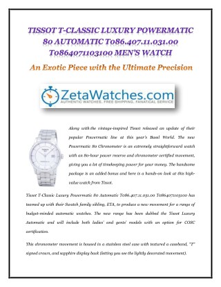 Tissot T-Classic Luxury Powermatic 80 Automatic T086.407.11.031.00 T0864071103100 Men’s Watch