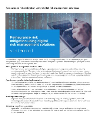 Reinsurance risk mitigation using digital risk management solutions