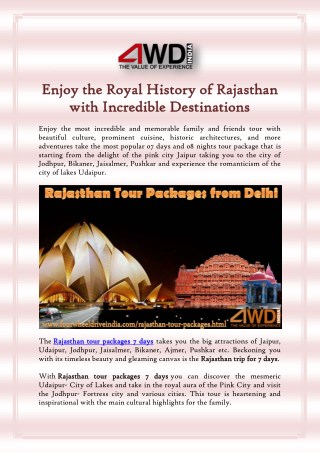 Enjoy the Royal History of Rajasthan with Incredible Destinations