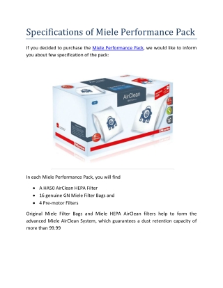 Specifications of Miele Performance Pack