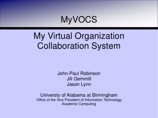 MyVOCS My Virtual Organization Collaboration System John-Paul Robinson Jill Gemmill Jason Lynn