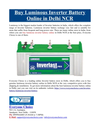 Buy Luminous Inverter Battery Online in Delhi NCR