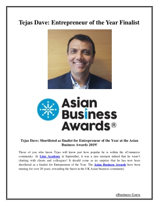 Tejas Dave: Entrepreneur of the Year Finalist | eBusiness Guru