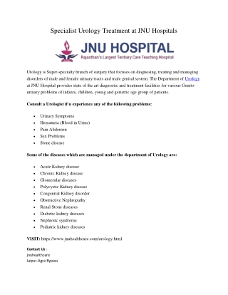 Specialist Urology Treatment at JNU Hospitals
