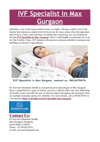 IVF Specialist in Max Gurgaon