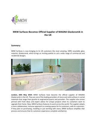 MKW Surfaces Becomes Official Supplier of MAGNA Glaskeramik in the UK