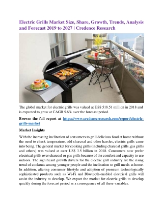 Electric Grills Market Size, Share, Growth, Trends, Analysis and Forecast 2019 to 2027 | Credence Research