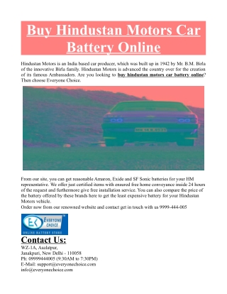 Buy Hindustan Motors Car Battery Online
