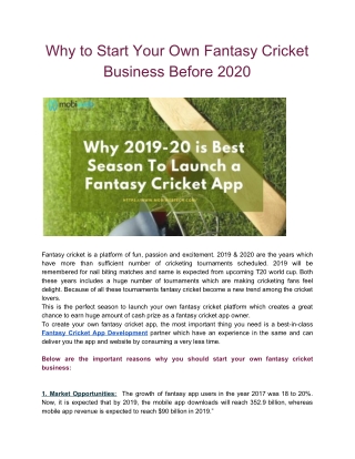 Why to Start Your Own Fantasy Cricket Business Before 2020