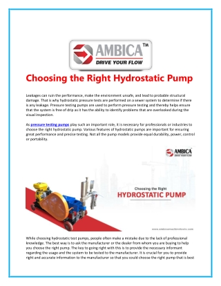 Factors to Consider While Choosing the Right Hydrostatic Pump