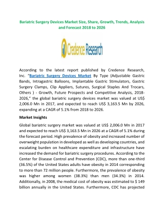 Bariatric Surgery Devices Market Size, Share, Growth, Trends, Analysis and Forecast 2018 to 2026