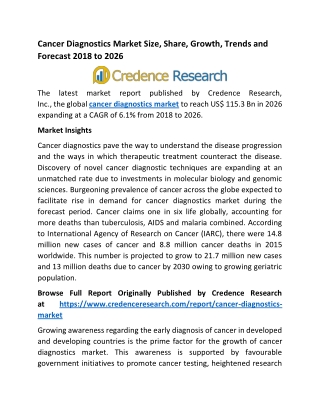 Cancer Diagnostics Market (6.1% CAGR) 2018 to 2026: Global Industry Size, Share, Growth, Trends and Forecast