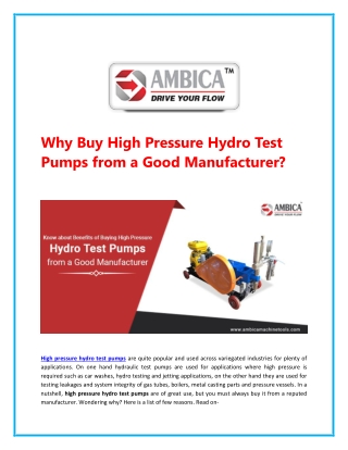 How can Good Hydrostatic Test Pump Manufacturer Help?