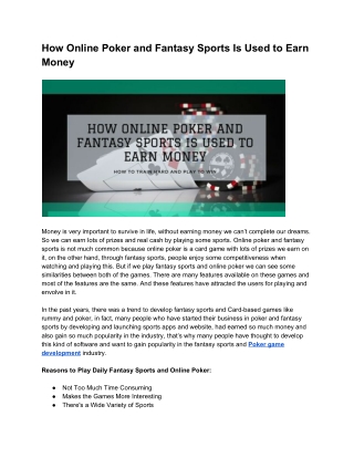 How Online Poker and Fantasy Sports Is Used to Earn Money